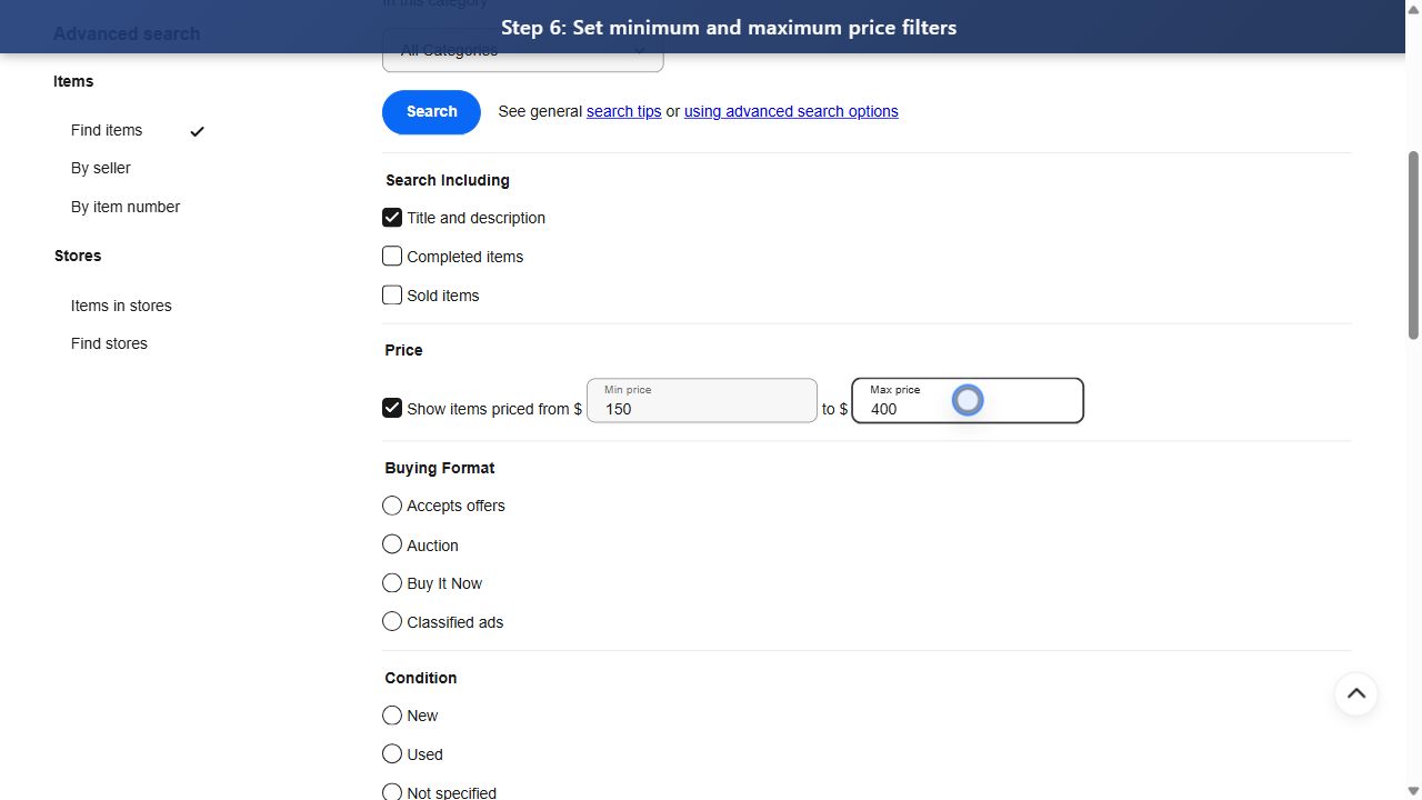 Step 6: Set minimum and maximum price filters