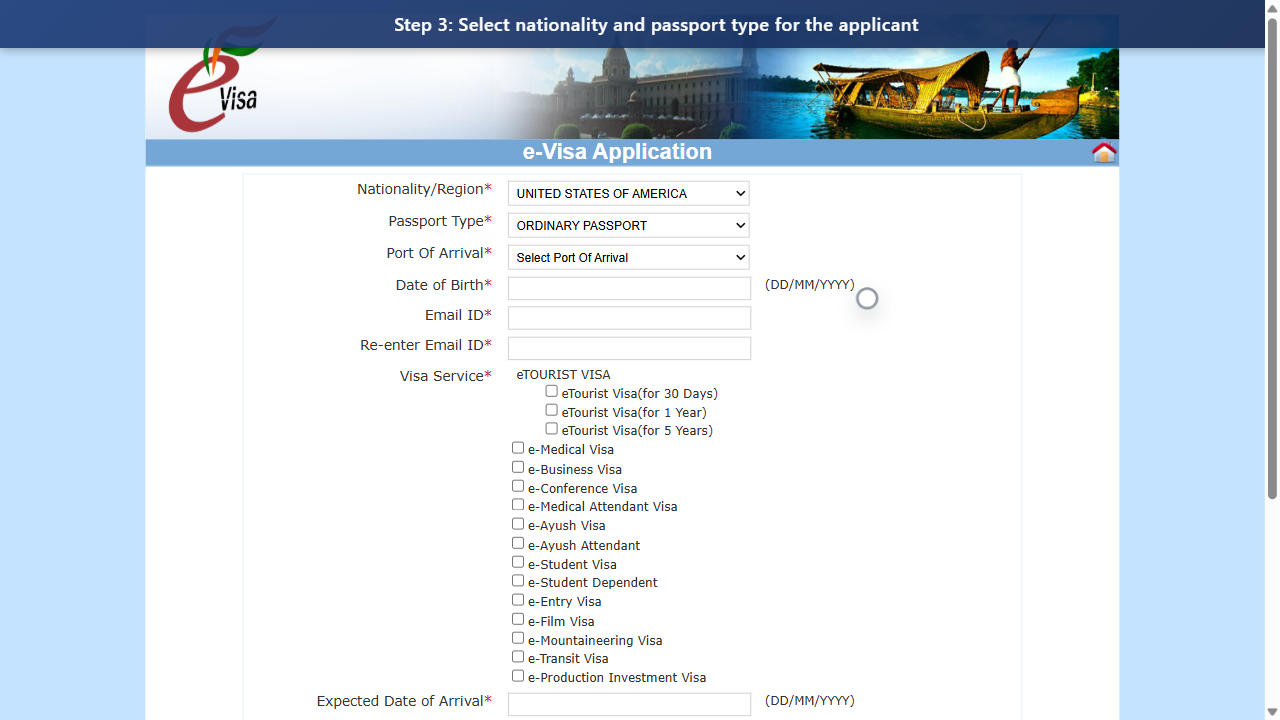 Step 3: Select nationality and passport type for the applicant