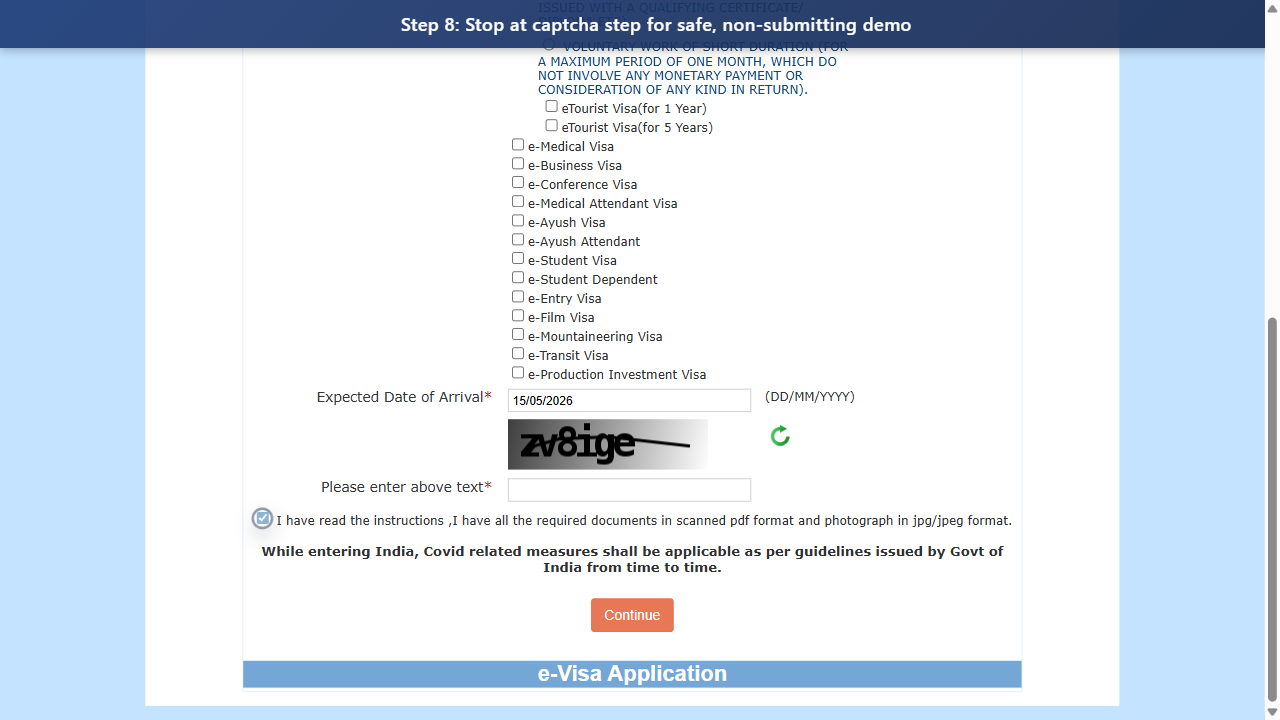 Step 8: Stop at captcha step for safe, non-submitting demo