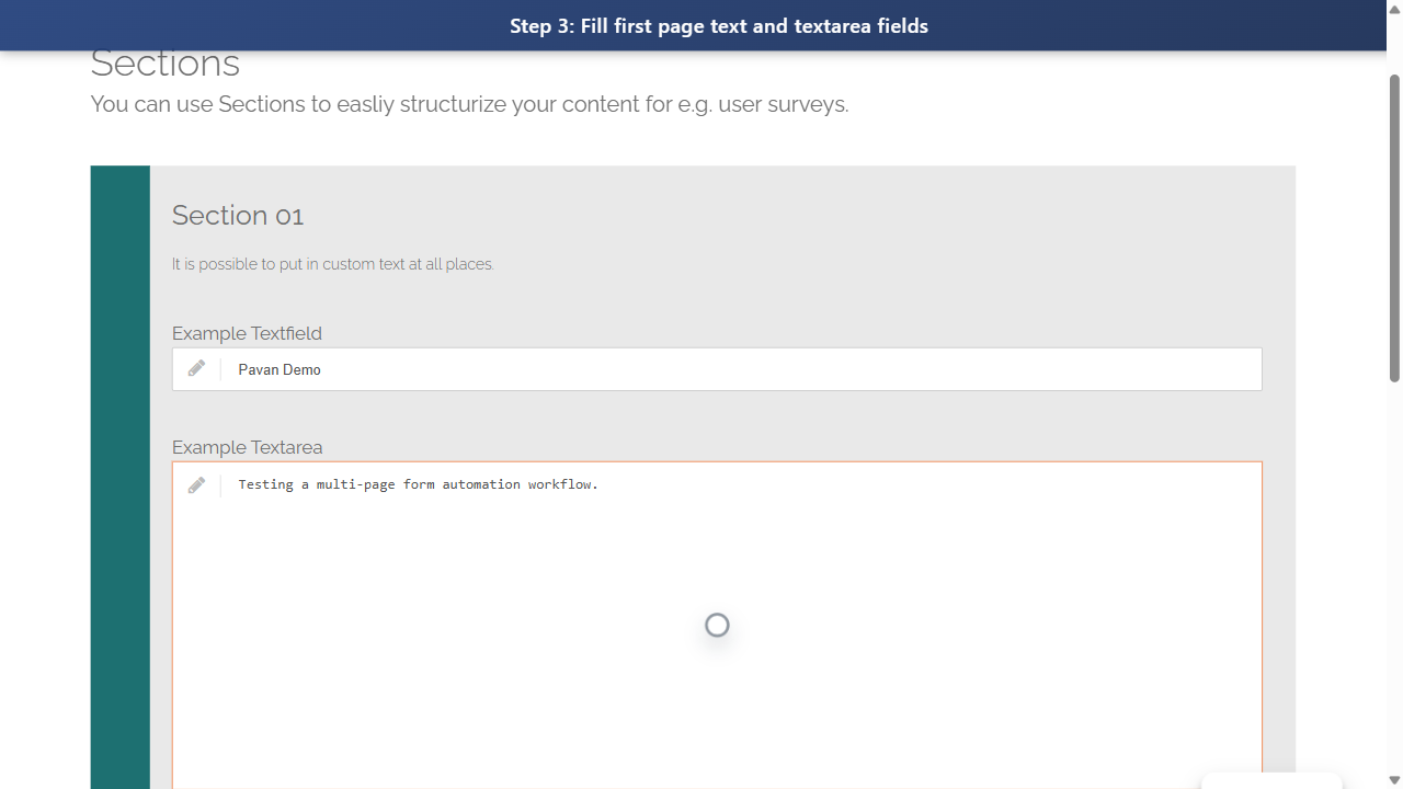 Step 3: Fill first page text and textarea fields