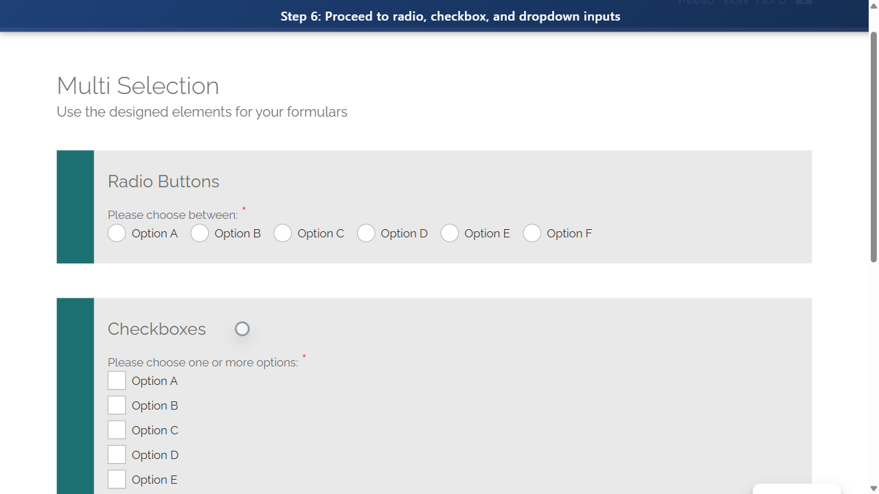 Step 6: Proceed to radio, checkbox, and dropdown inputs