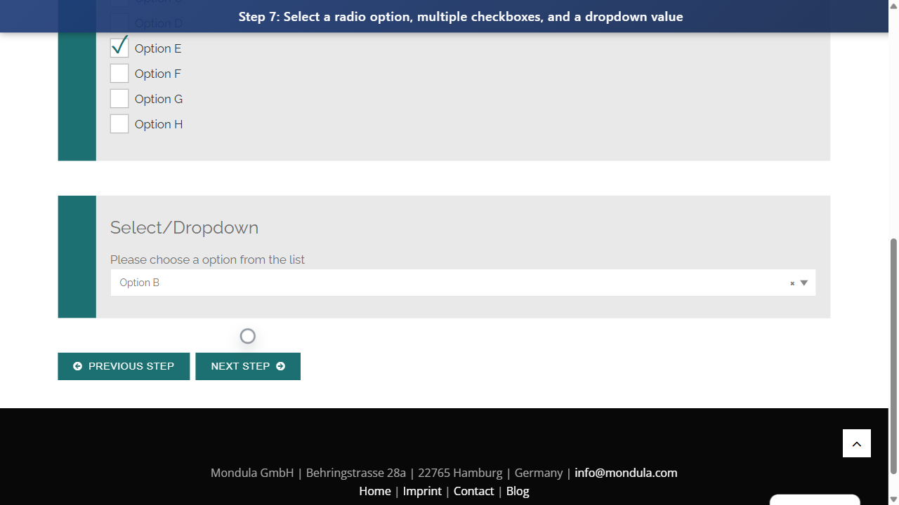 Step 7: Select a radio option, multiple checkboxes, and a dropdown value