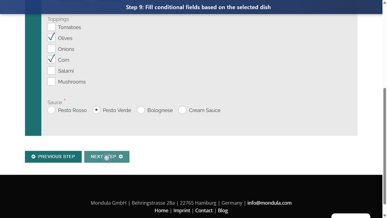 Step 9: Fill conditional fields based on the selected dish