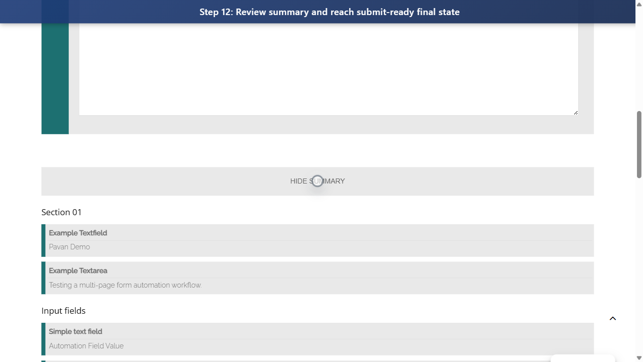 Step 12: Review summary and reach submit-ready final state