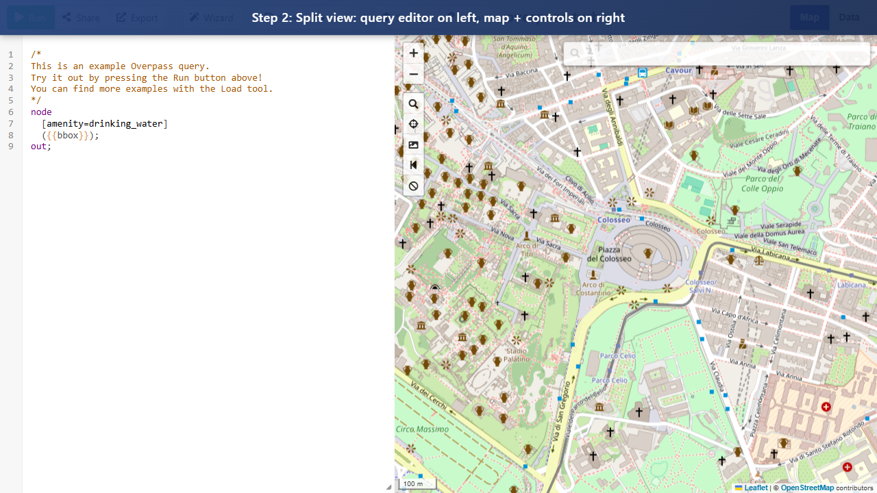 Step 2: Split view: query editor on left, map + controls on right