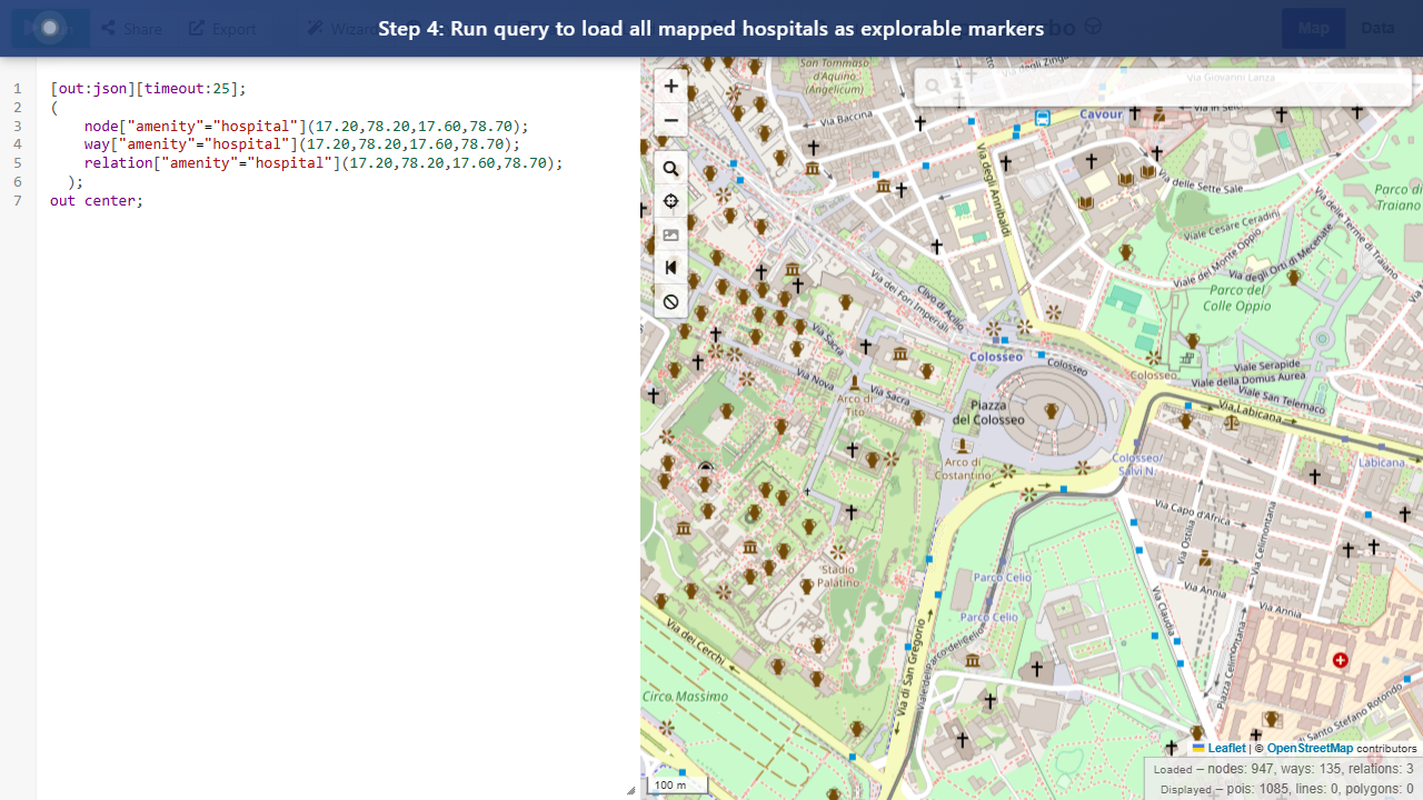 Step 4: Run query to load all mapped hospitals as explorable markers