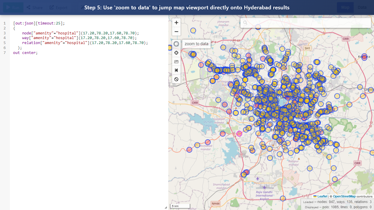 Step 5: Use 'zoom to data' to jump map viewport directly onto Hyderabad results