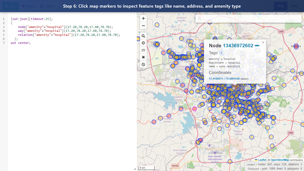 Step 6: Click map markers to inspect feature tags like name, address, and amenity type
