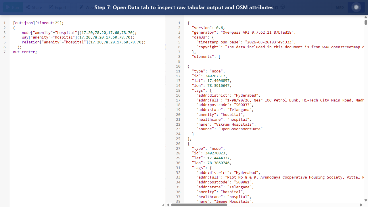 Step 7: Open Data tab to inspect raw tabular output and OSM attributes