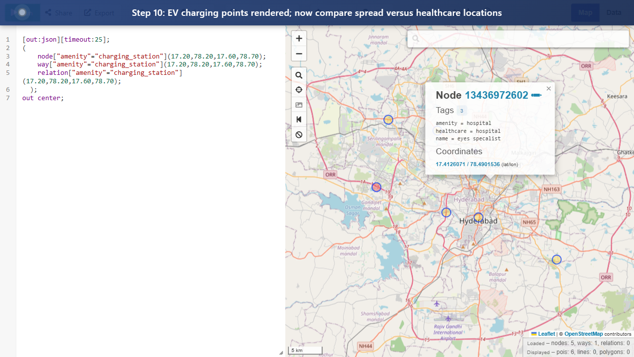 Step 10: EV charging points rendered; now compare spread versus healthcare locations