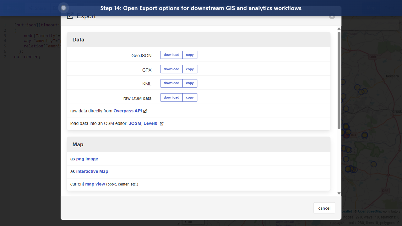 Step 14: Open Export options for downstream GIS and analytics workflows