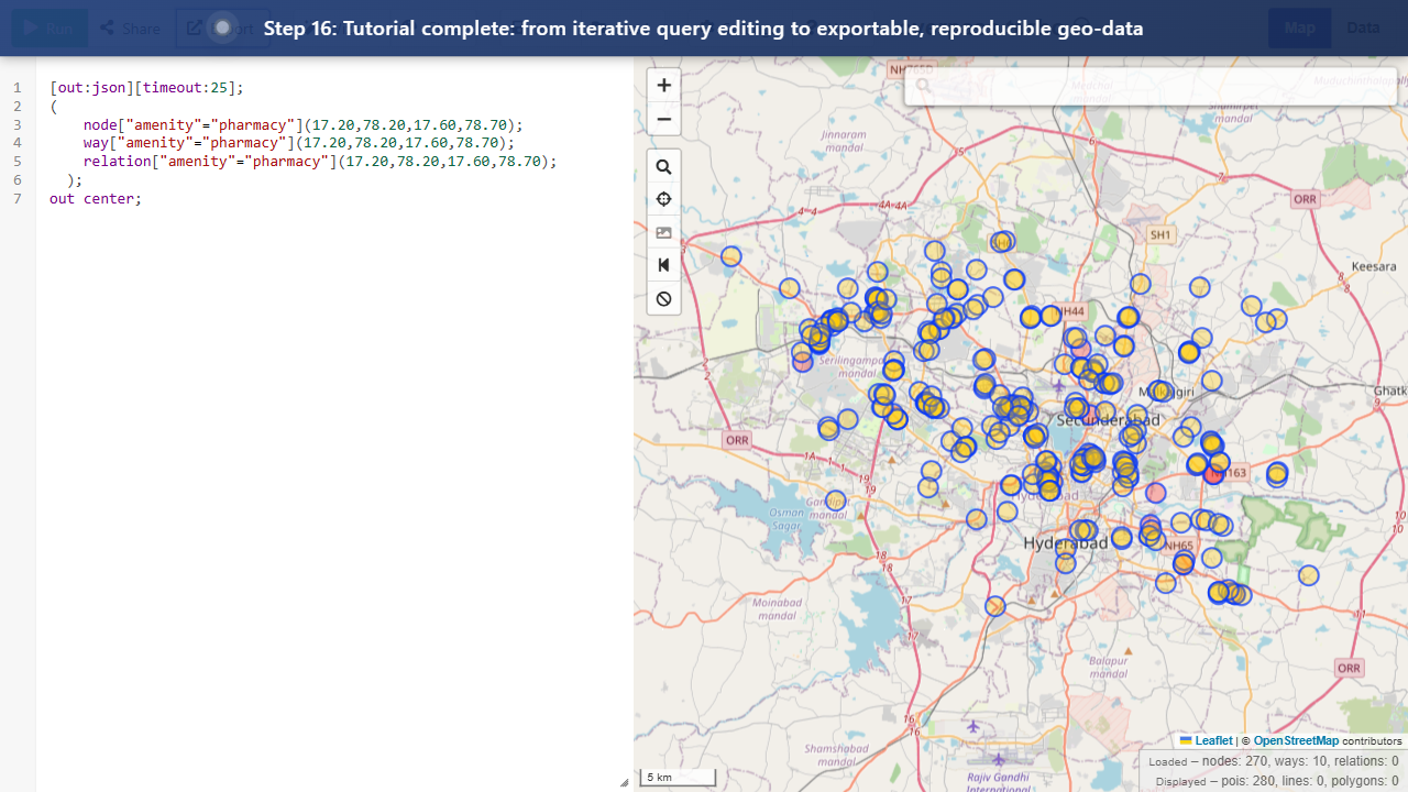 Step 16: Tutorial complete: from iterative query editing to exportable, reproducible geo-data
