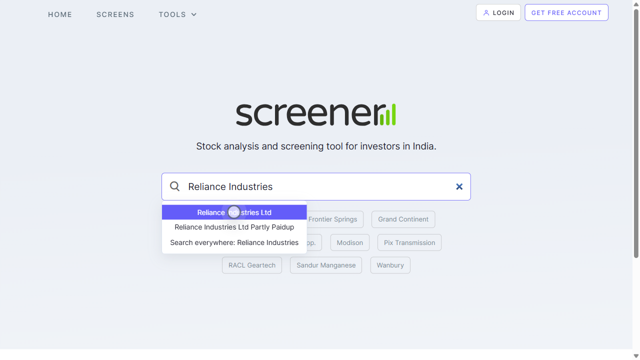 Step 2: Type Reliance Industries into the search box and wait for the visible match