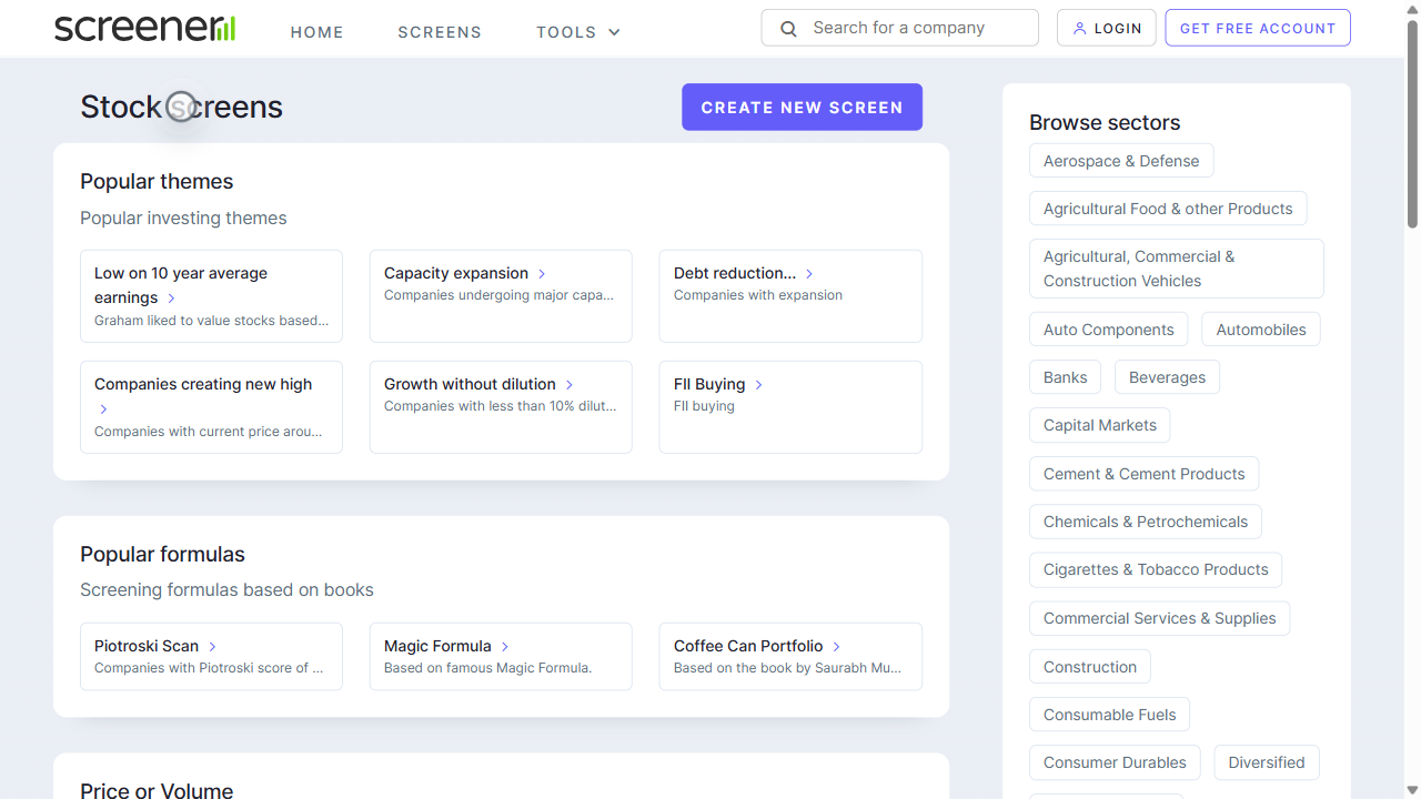 Step 8: Click Screens in the top menu to explore ready-made stock filters
