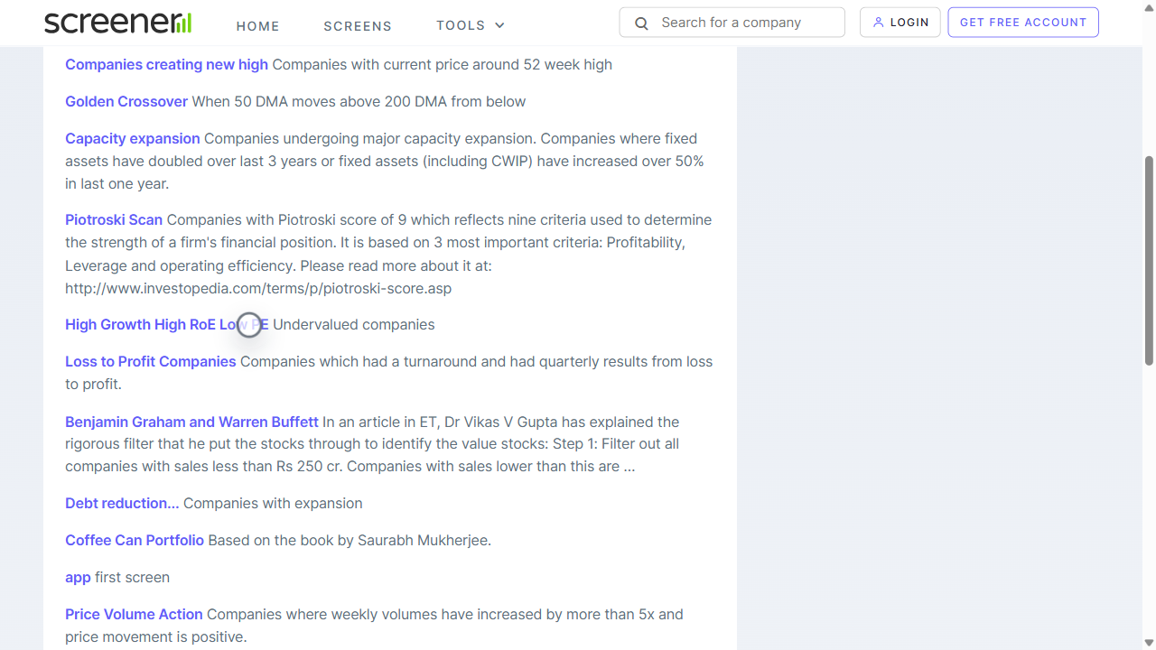 Step 10: Find the exact High Growth, High RoE, Low PE card in the full screen list