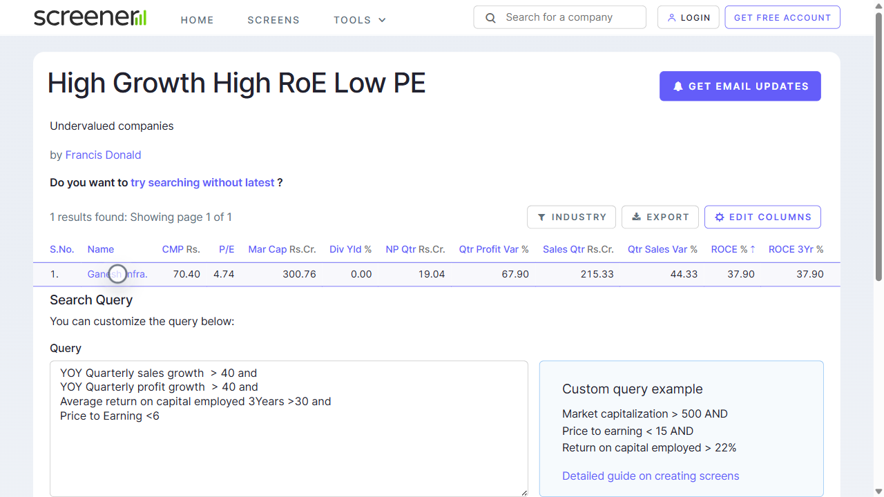 Step 12: Scan the filtered results table and spot promising names like Ganesh Infra