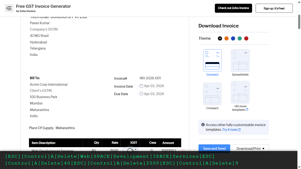 Step 6: Add line item 1 with quantity, rate, and GST