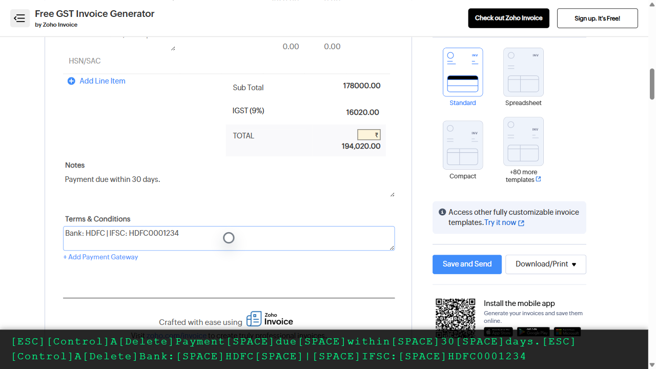 Step 9: Add payment notes and terms for the client